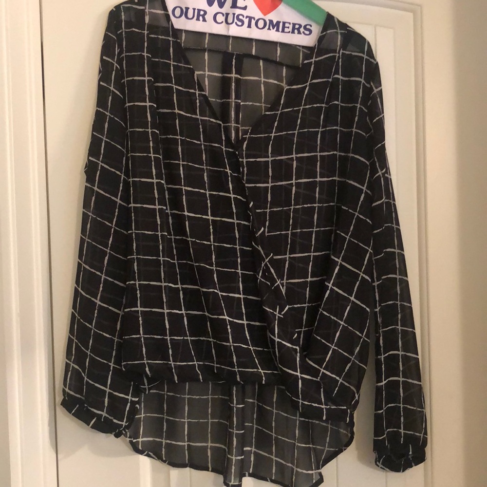Black and white windowpane sheer long-sleeve top
